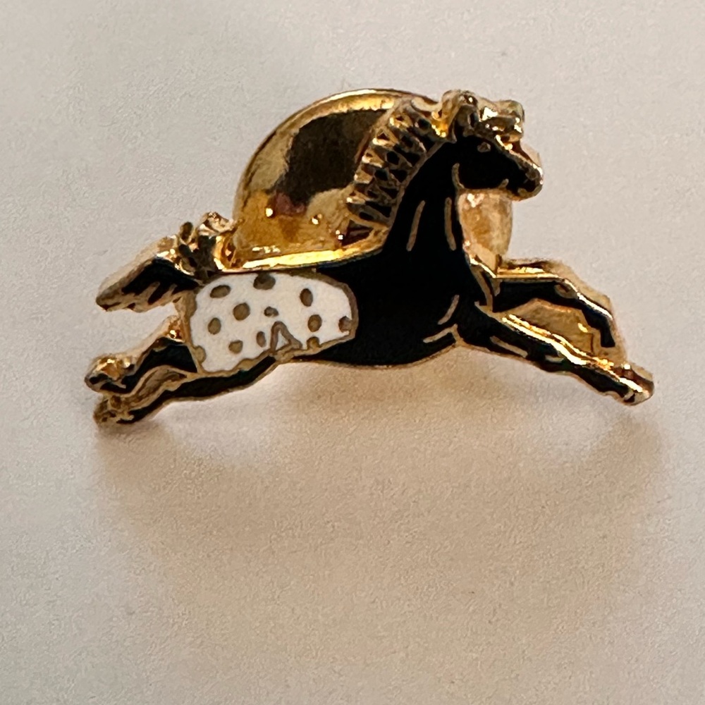 Gold Tone Trimmed Black Horse with White and Black Spots Tie Tack Pin